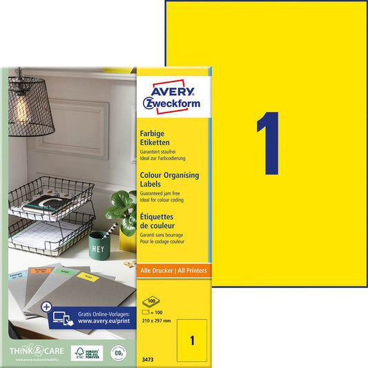 AVERY Zweckform Etiketten gelb 210,0 x 297,0 mm | 3473 | 1 Pack = 100 Blatt