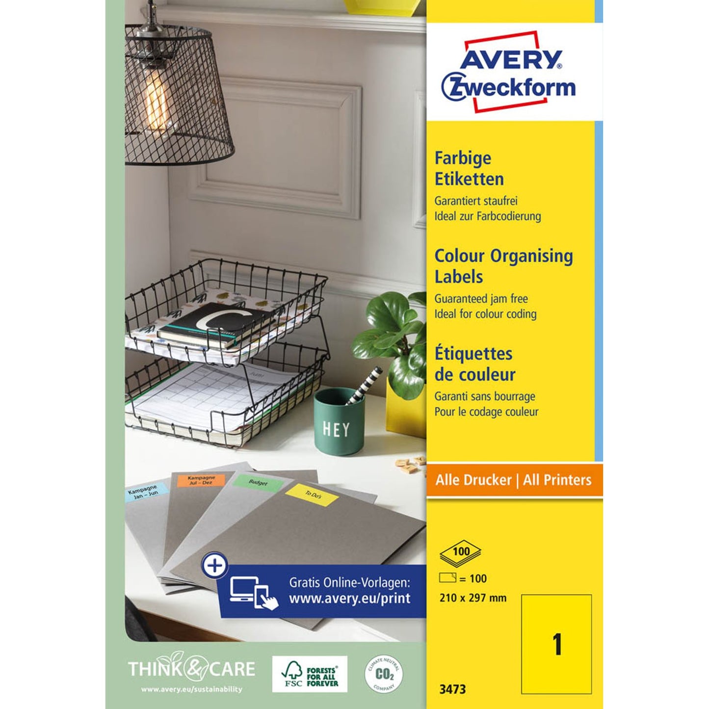 AVERY Zweckform Etiketten gelb 210,0 x 297,0 mm | 3473 | 1 Pack = 100 Blatt