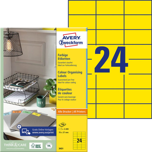 AVERY Zweckform Etiketten gelb 70,0 x 37,0 mm | 3451 | 1 Pack = 100 Blatt