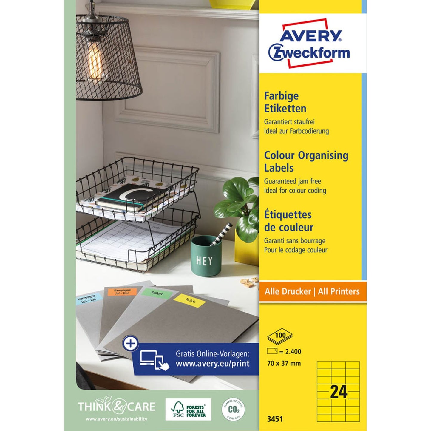 AVERY Zweckform Etiketten gelb 70,0 x 37,0 mm | 3451 | 1 Pack = 100 Blatt
