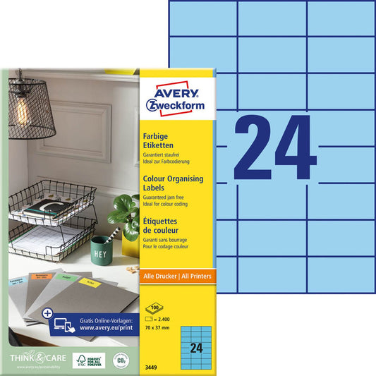 AVERY Zweckform Etiketten blau 70,0 x 37,0 mm | 3449 | 1 Pack = 100 Blatt