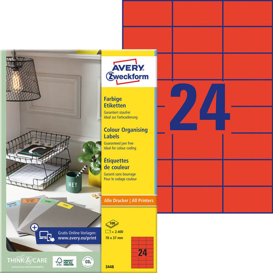 AVERY Zweckform Etiketten rot 70,0 x 37,0 mm | 3448 | 1 Pack = 100 Blatt