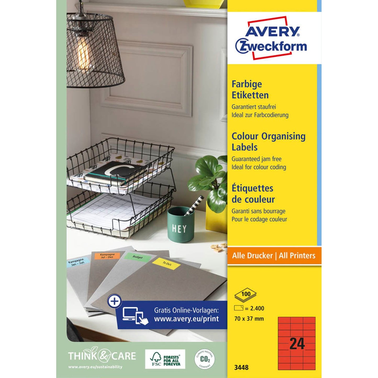 AVERY Zweckform Etiketten rot 70,0 x 37,0 mm | 3448 | 1 Pack = 100 Blatt