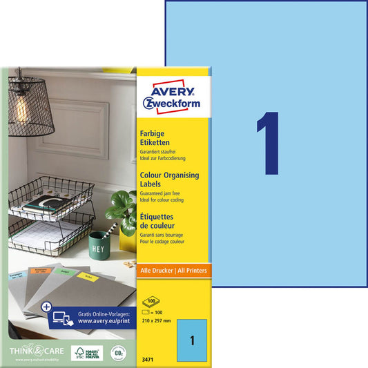 AVERY Zweckform Etiketten blau 210,0 x 297,0 mm | 3471 | 1 Pack = 100 Blatt