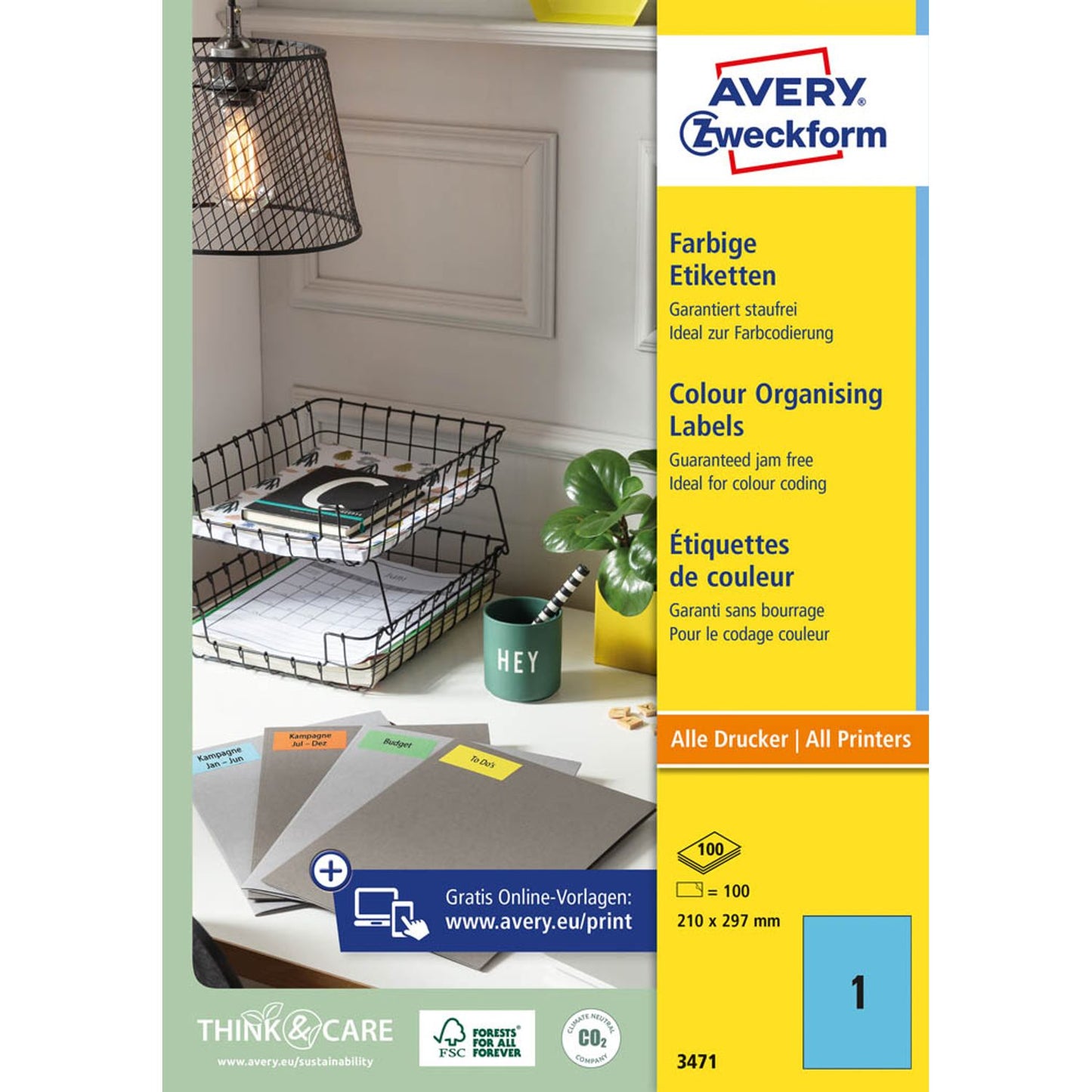 AVERY Zweckform Etiketten blau 210,0 x 297,0 mm | 3471 | 1 Pack = 100 Blatt