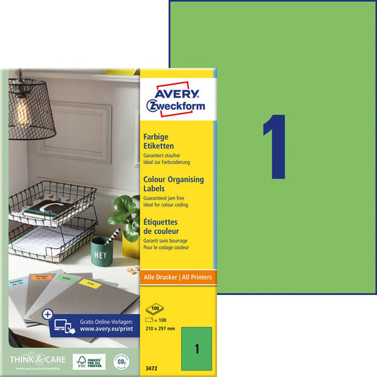 AVERY Zweckform Etiketten grün 210,0 x 297,0 mm | 3472 | 1 Pack = 100 Blatt