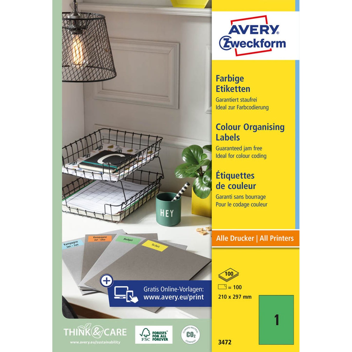 AVERY Zweckform Etiketten grün 210,0 x 297,0 mm | 3472 | 1 Pack = 100 Blatt