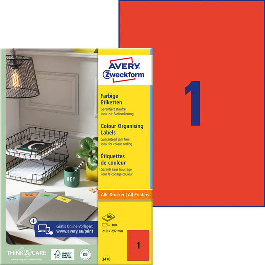 AVERY Zweckform Etiketten rot 210,0 x 297,0 mm | 3470 | 1 Pack = 100 Blatt