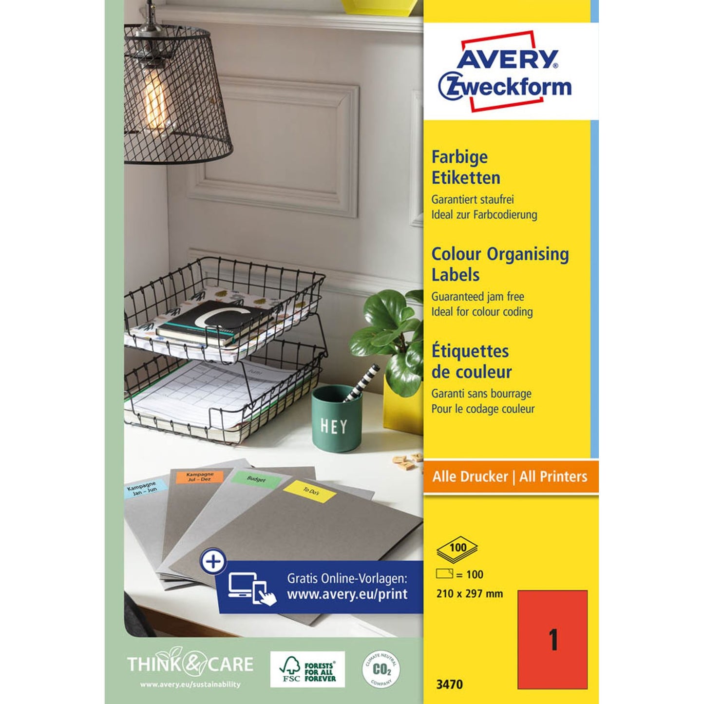 AVERY Zweckform Etiketten rot 210,0 x 297,0 mm | 3470 | 1 Pack = 100 Blatt