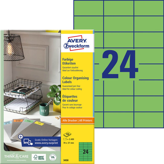 AVERY Zweckform Etiketten grün 70,0 x 37,0 mm | 3450 | 1 Pack = 100 Blatt