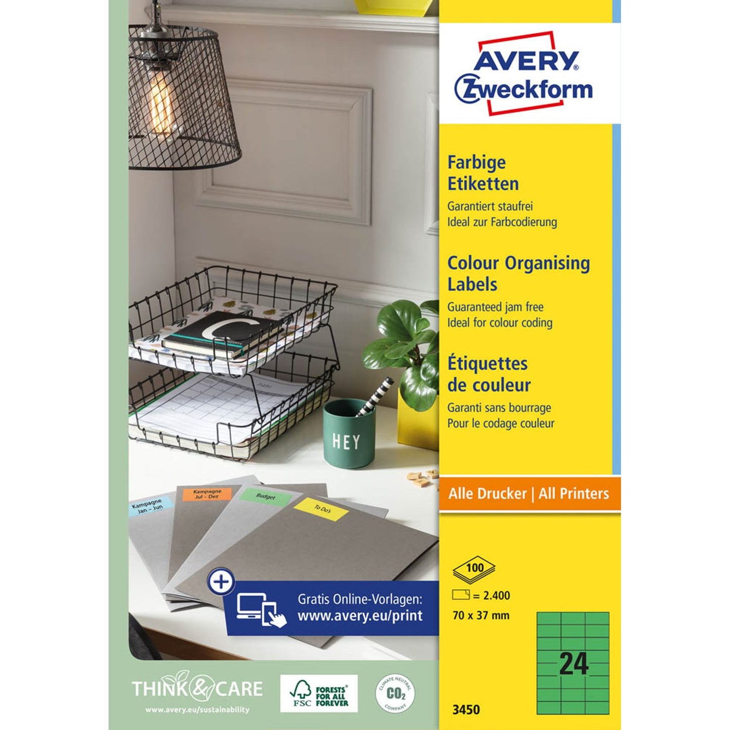 AVERY Zweckform Etiketten grün 70,0 x 37,0 mm | 3450 | 1 Pack = 100 Blatt