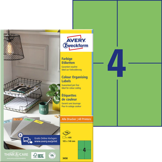 AVERY Zweckform Etiketten grün 105,0 x 148,0 mm | 3458 | 1 Pack = 100 Blatt