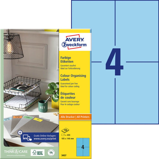 AVERY Zweckform Etiketten blau 105,0 x 148,0 mm | 3457 | 1 Pack = 100 Blatt