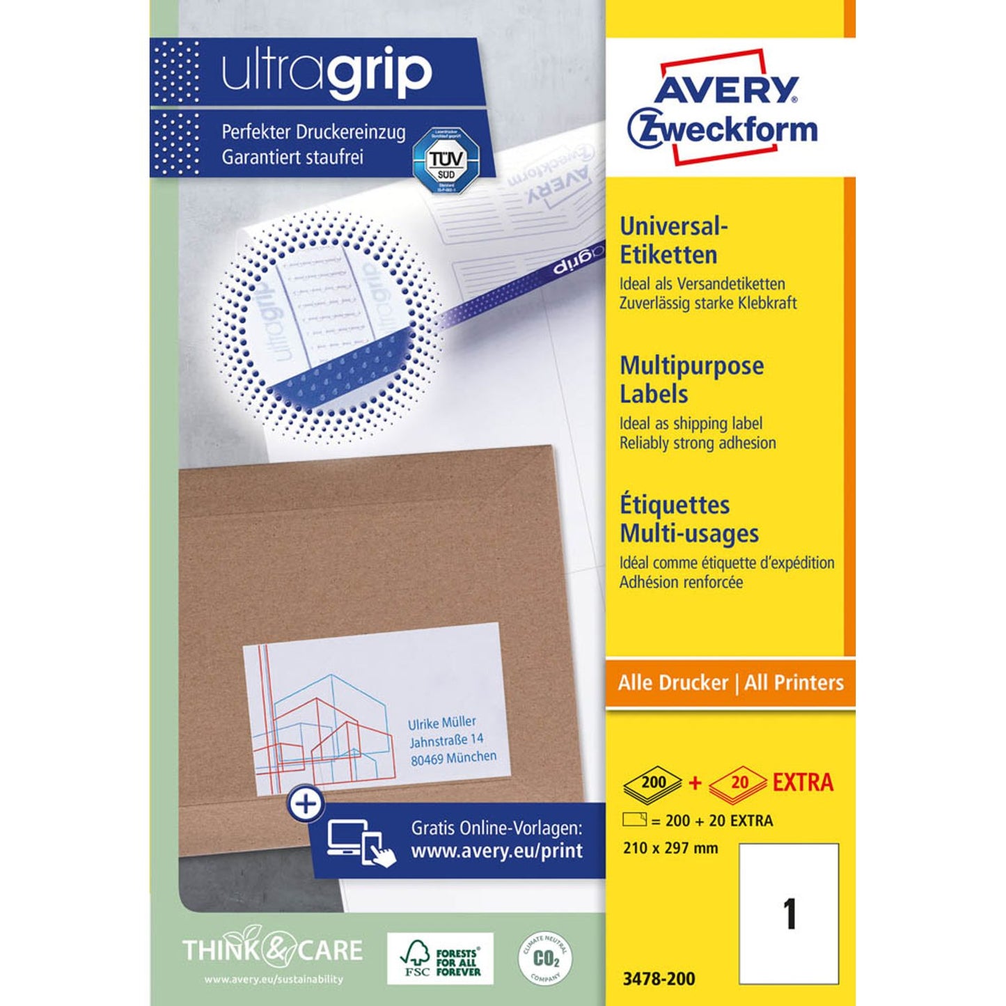 AVERY Zweckform Etiketten weiß 210,0 x 297,0 mm | 3478-200 | 1 Pack = 220 Blatt