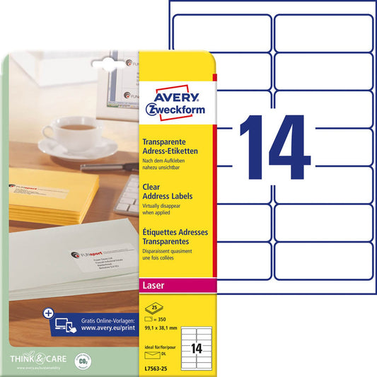 AVERY Zweckform Folien-Adressetiketten transparent 99,1 x 38,1 mm | L7563-25 | 1 Pack = 25 Blatt