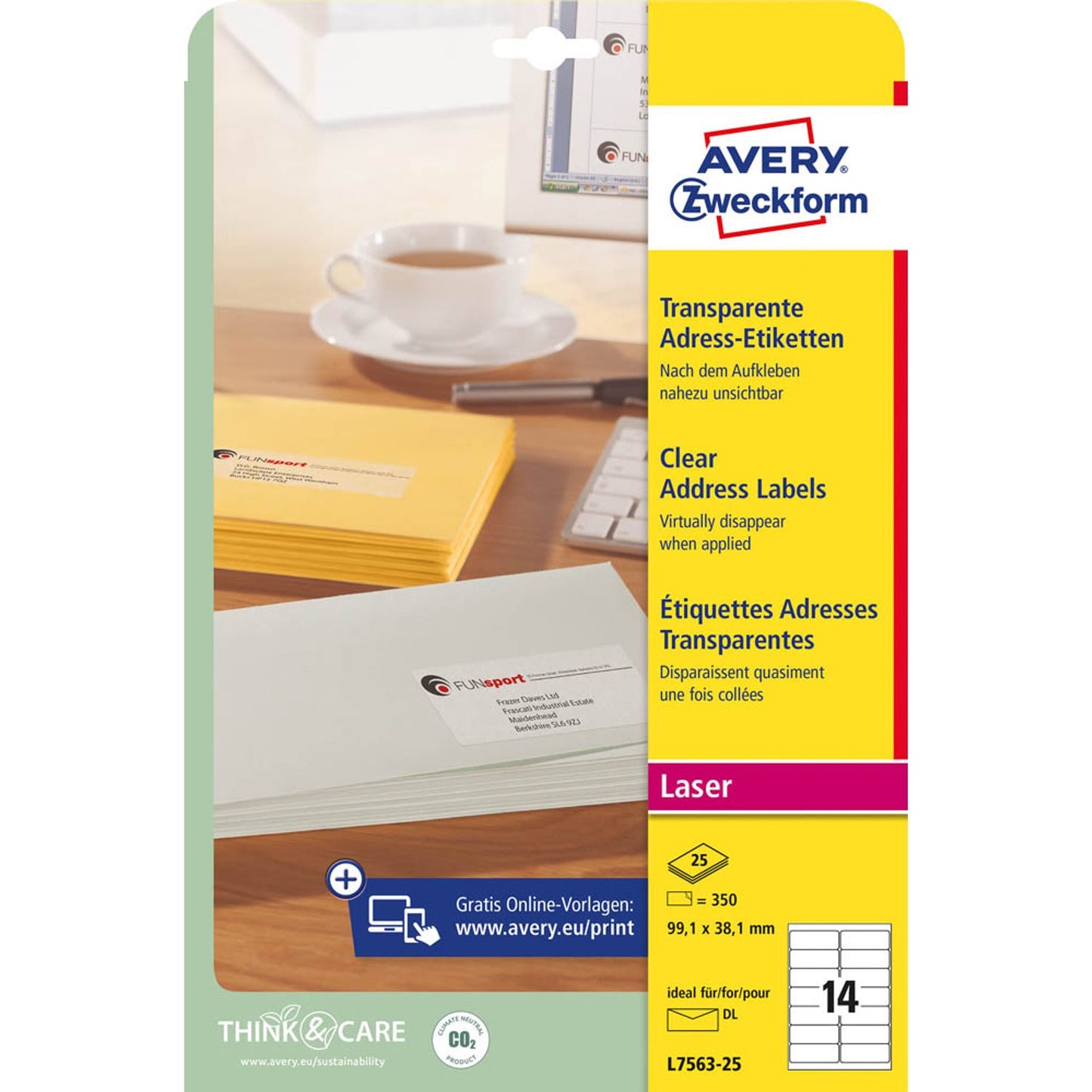 AVERY Zweckform Folien-Adressetiketten transparent 99,1 x 38,1 mm | L7563-25 | 1 Pack = 25 Blatt