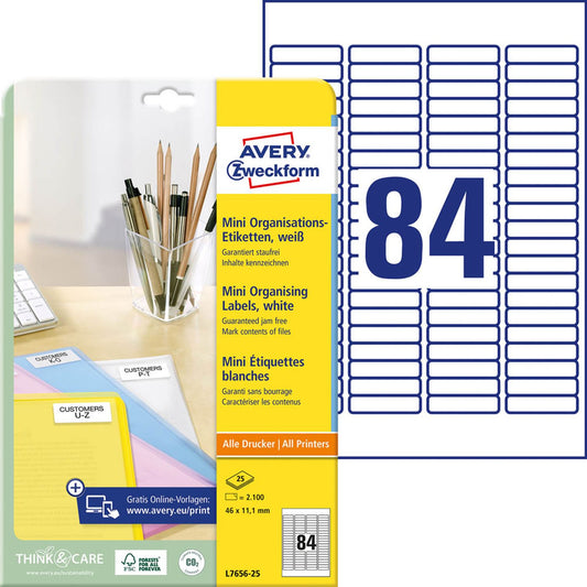 AVERY Zweckform Etiketten weiß 46,0 x 11,1 mm | L7656-25 | 1 Pack = 25 Blatt