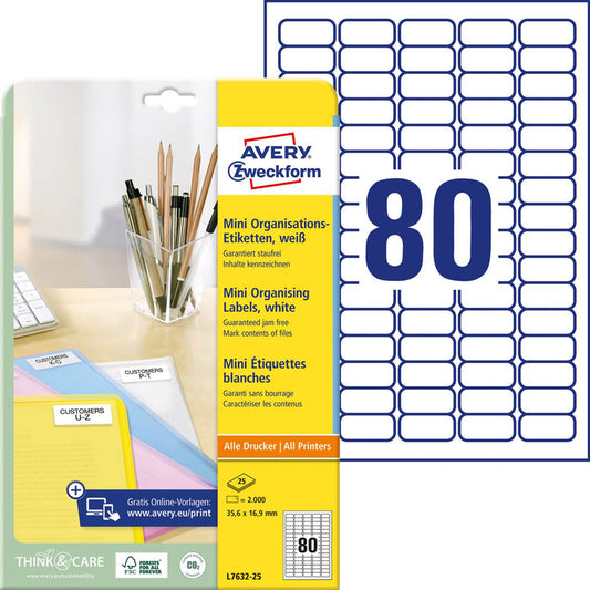 AVERY Zweckform Etiketten weiß 35,6 x 16,9 mm | L7632-25 | 1 Pack = 25 Blatt