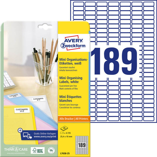 AVERY Zweckform Etiketten weiß 25,4 x 10,0 mm | L7658-25 | 1 Pack = 25 Blatt