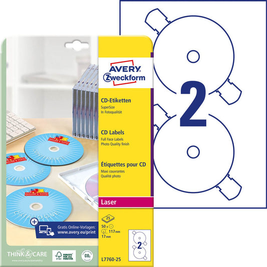 AVERY Zweckform CD-Etiketten weiß | L7760-25 | 1 Pack = 50 Etiketten