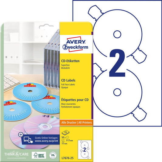 AVERY Zweckform CD-Etiketten weiß | L7676-25 | 1 Pack = 50 Etiketten