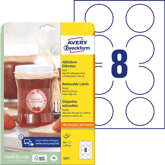 AVERY Zweckform Etiketten weiß 65,0 x 65,0 mm | 5081 | 1 Pack = 10 Blatt
