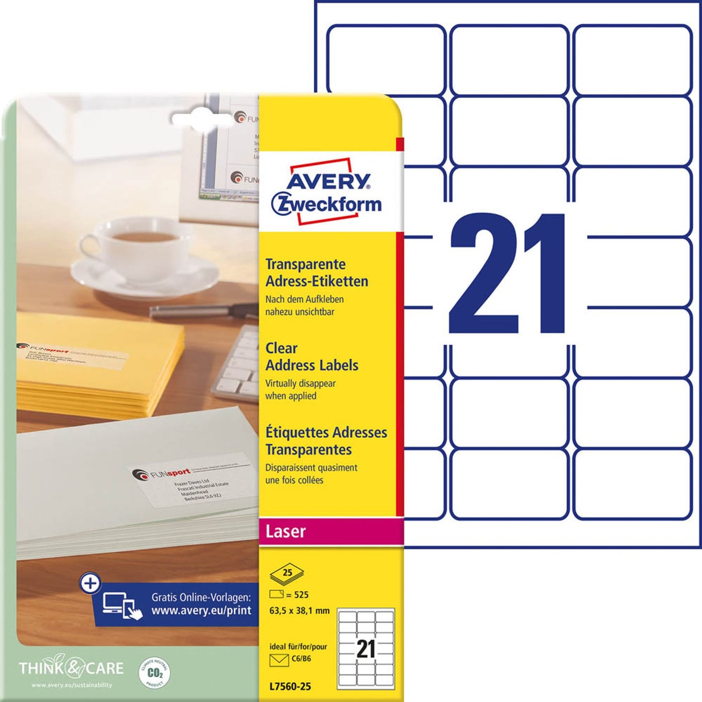 AVERY Zweckform Folien-Adressetiketten transparent 63,5 x 38,1 mm | L7560-25 | 1 Pack = 25 Blatt