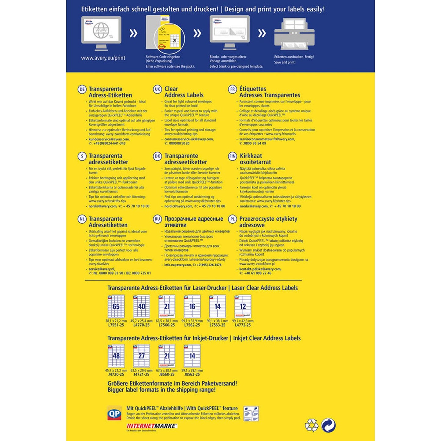 AVERY Zweckform Folien-Adressetiketten transparent 63,5 x 38,1 mm | L7560-25 | 1 Pack = 25 Blatt