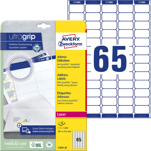 AVERY Zweckform Adressetiketten weiß 38,1 x 21,2 mm | L7651-25 | 1 Pack = 25 Blatt