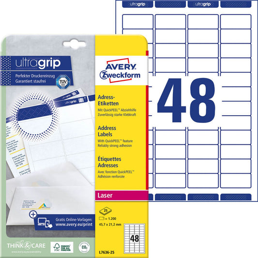 AVERY Zweckform Adressetiketten weiß 45,7 x 21,2 mm | L7636-25 | 1 Pack = 25 Blatt