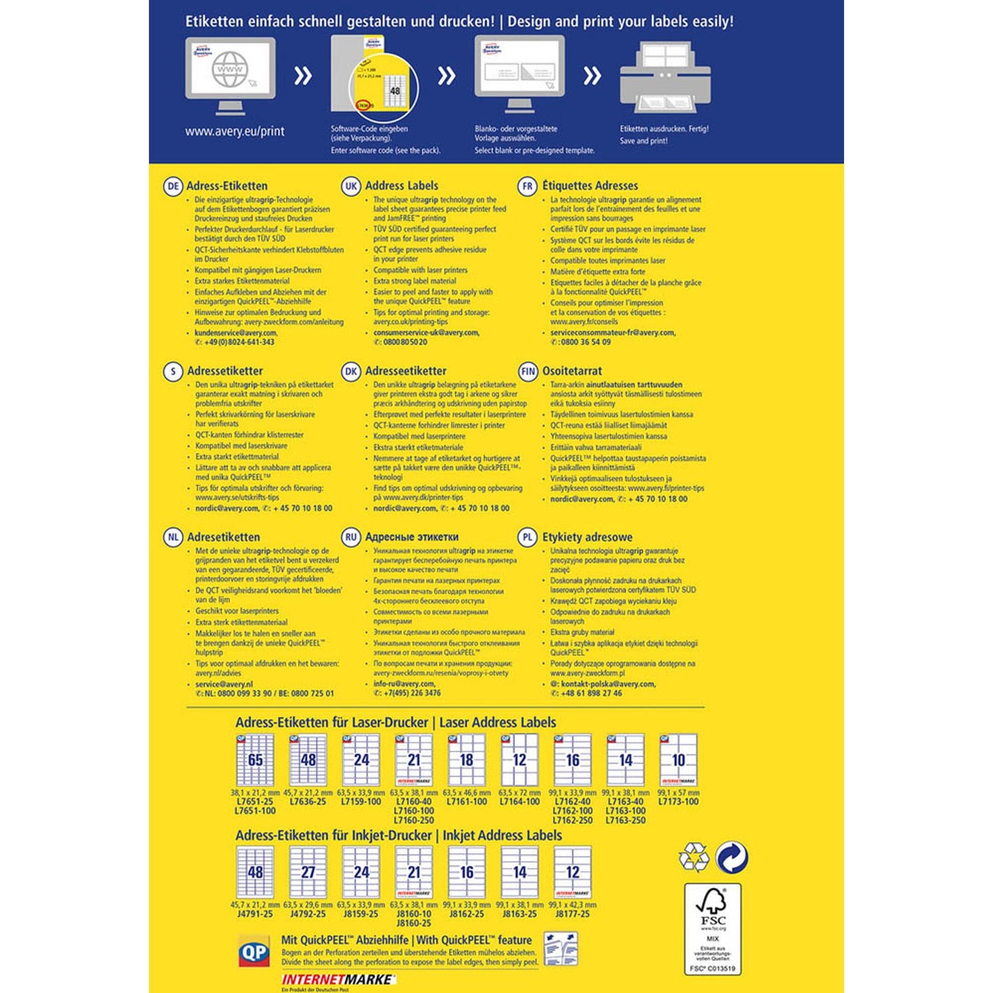 AVERY Zweckform Adressetiketten weiß 45,7 x 21,2 mm | L7636-25 | 1 Pack = 25 Blatt