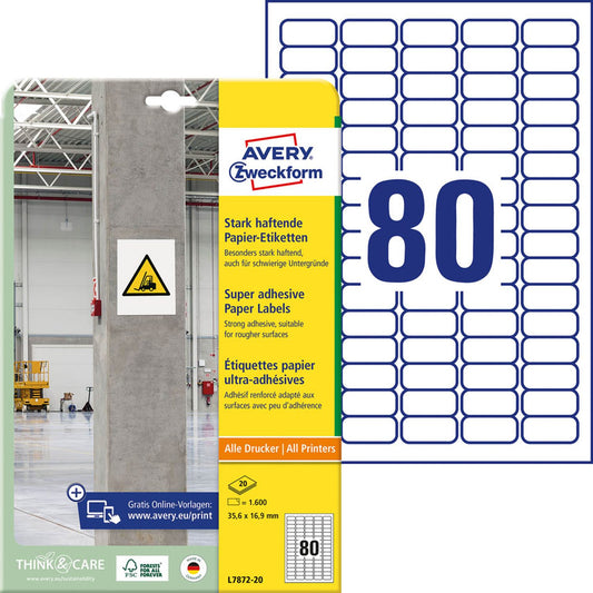 AVERY Zweckform Power-Etiketten weiß 35,6 x 16,9 mm | L7872-20 | 1 Pack = 20 Blatt