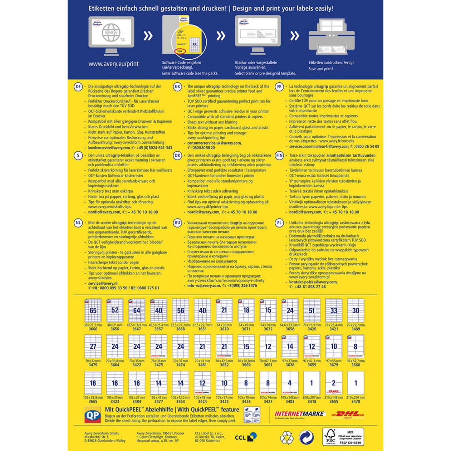 AVERY Zweckform Etiketten weiß 52,5 x 29,7 mm | 3651 | 1 Pack = 100 Blatt