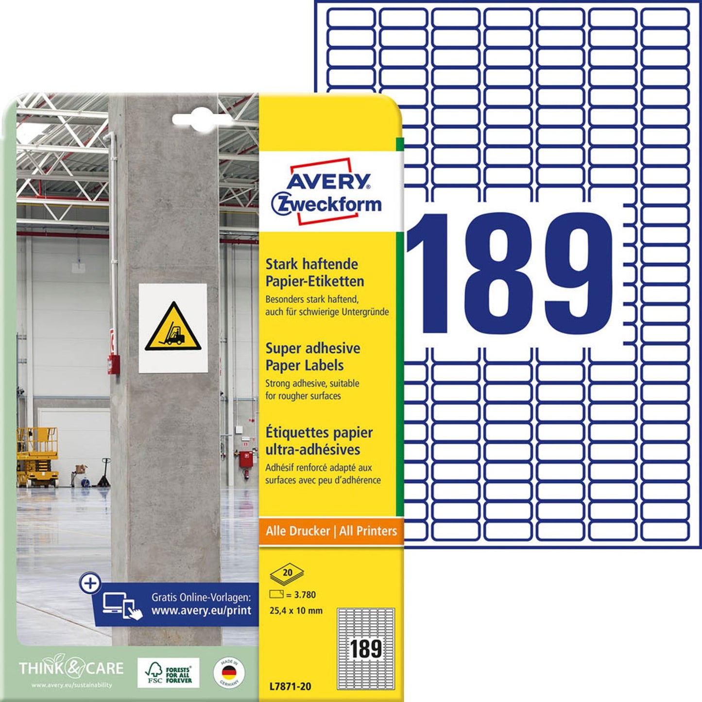 AVERY Zweckform Power-Etiketten weiß 25,4 x 10,0 mm | L7871-20 | 1 Pack = 20 Blatt