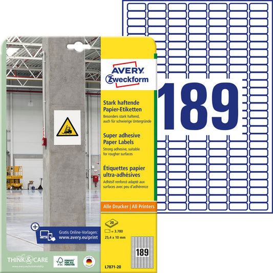 AVERY Zweckform Power-Etiketten weiß 25,4 x 10,0 mm | L7871-20 | 1 Pack = 20 Blatt