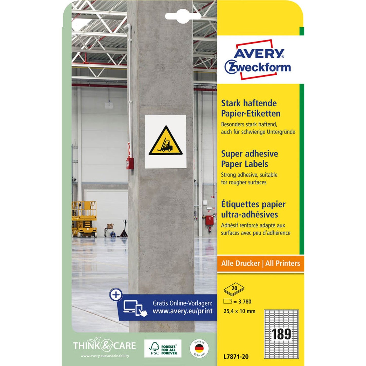 AVERY Zweckform Power-Etiketten weiß 25,4 x 10,0 mm | L7871-20 | 1 Pack = 20 Blatt