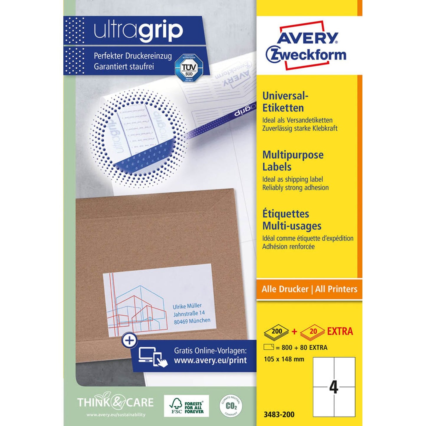 AVERY Zweckform Etiketten weiß 105,0 x 148,0 mm | 3483-200 | 1 Pack = 220 Blatt