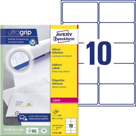 AVERY Zweckform Adressetiketten weiß 99,1 x 57,0 mm | L7173-100 | 1 Pack = 100 Blatt