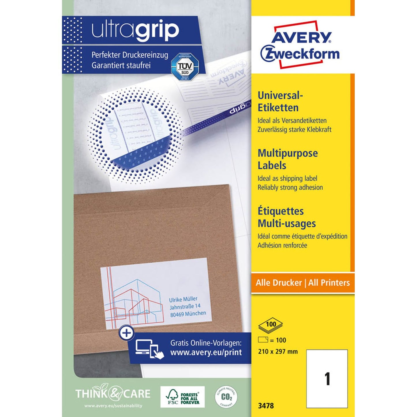 AVERY Zweckform Etiketten weiß 210,0 x 297,0 mm | 3478 | 1 Pack = 100 Blatt