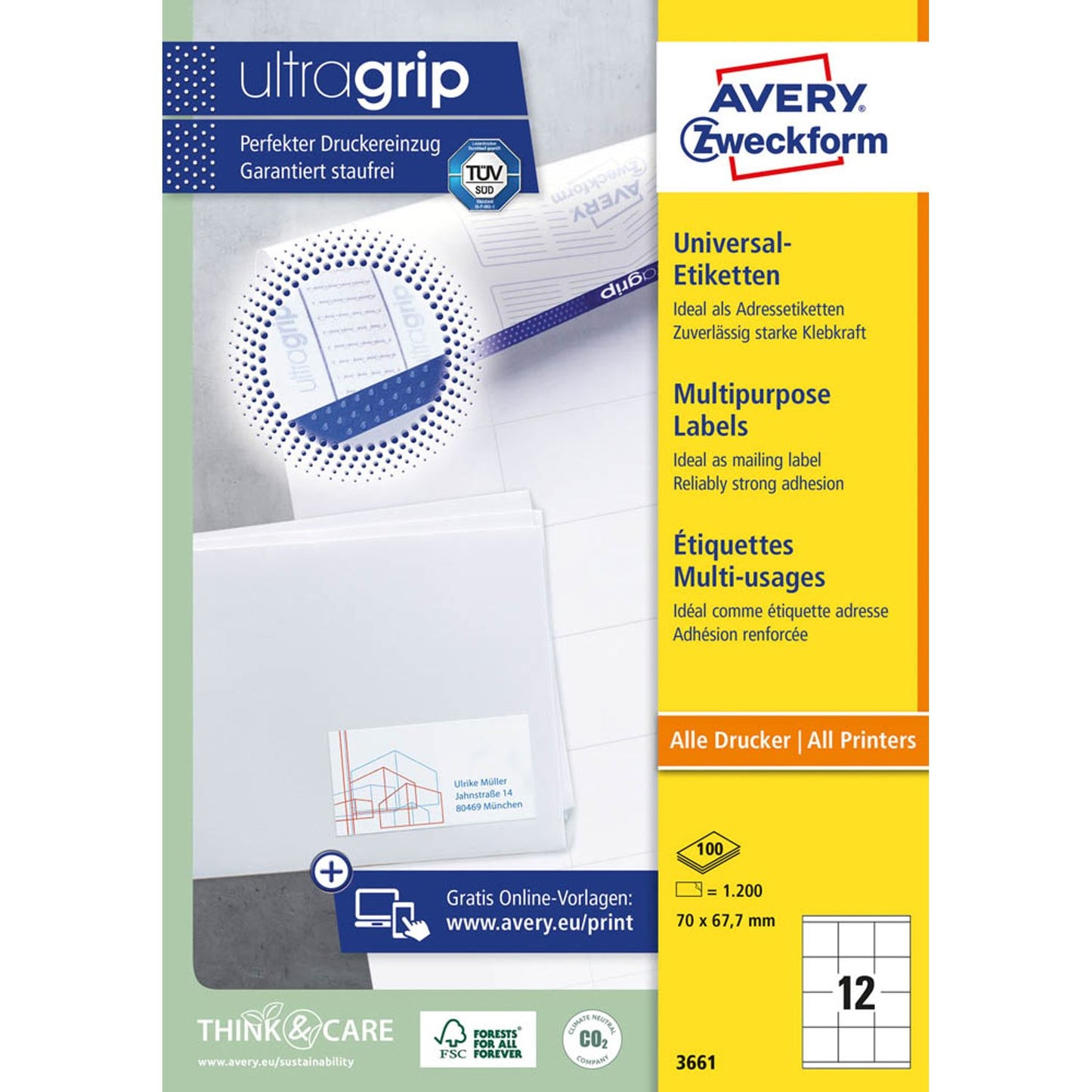 AVERY Zweckform Etiketten weiß 70,0 x 67,7 mm | 3661 | 1 Pack = 100 Blatt