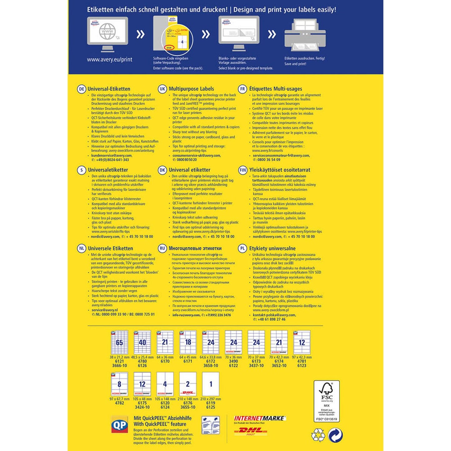 AVERY Zweckform Etiketten weiß 210,0 x 297,0 mm | 6119 | 1 Pack = 30 Blatt