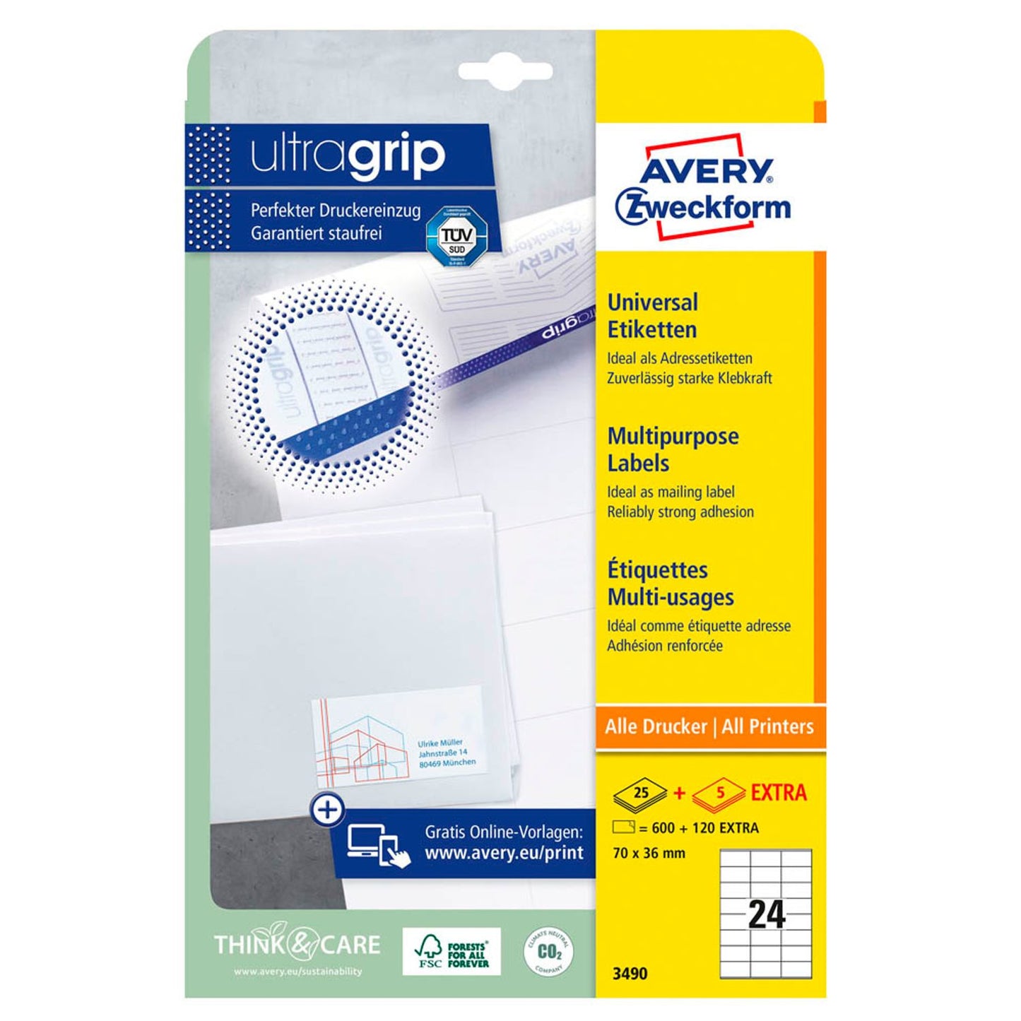 AVERY Zweckform Etiketten weiß 70,0 x 36,0 mm | 3490 | 1 Pack = 30 Blatt