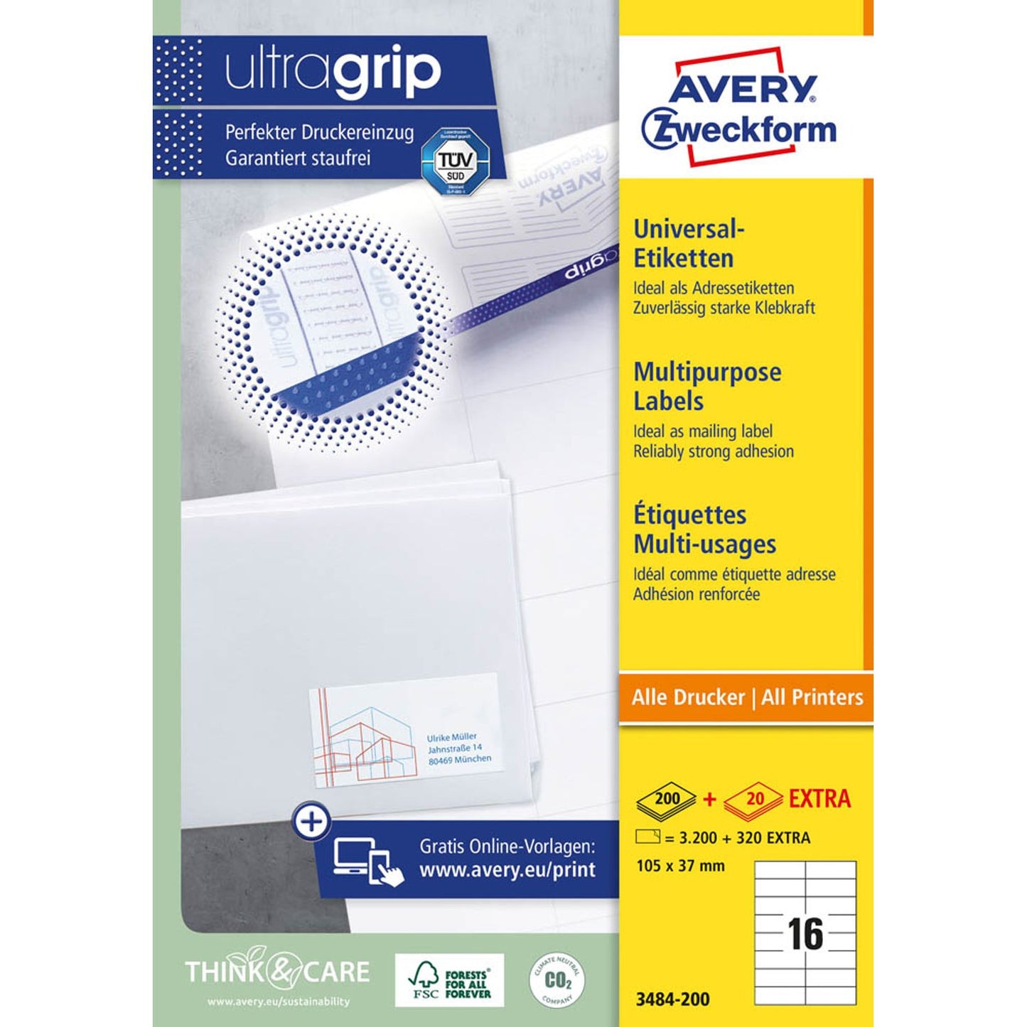 AVERY Zweckform Etiketten weiß 105,0 x 37,0 mm | 3484-200 | 1 Pack = 220 Blatt
