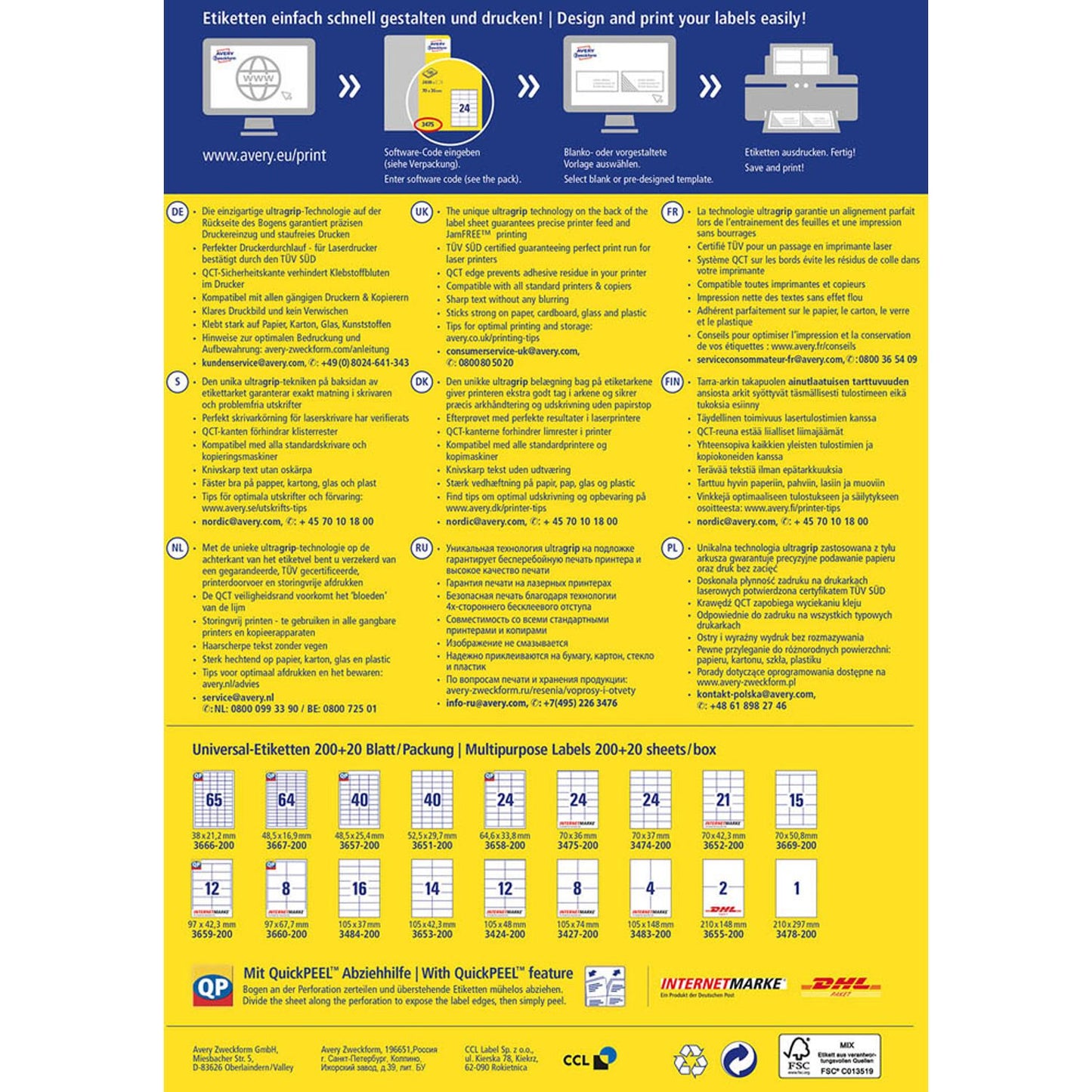 AVERY Zweckform Etiketten weiß 105,0 x 37,0 mm | 3484-200 | 1 Pack = 220 Blatt