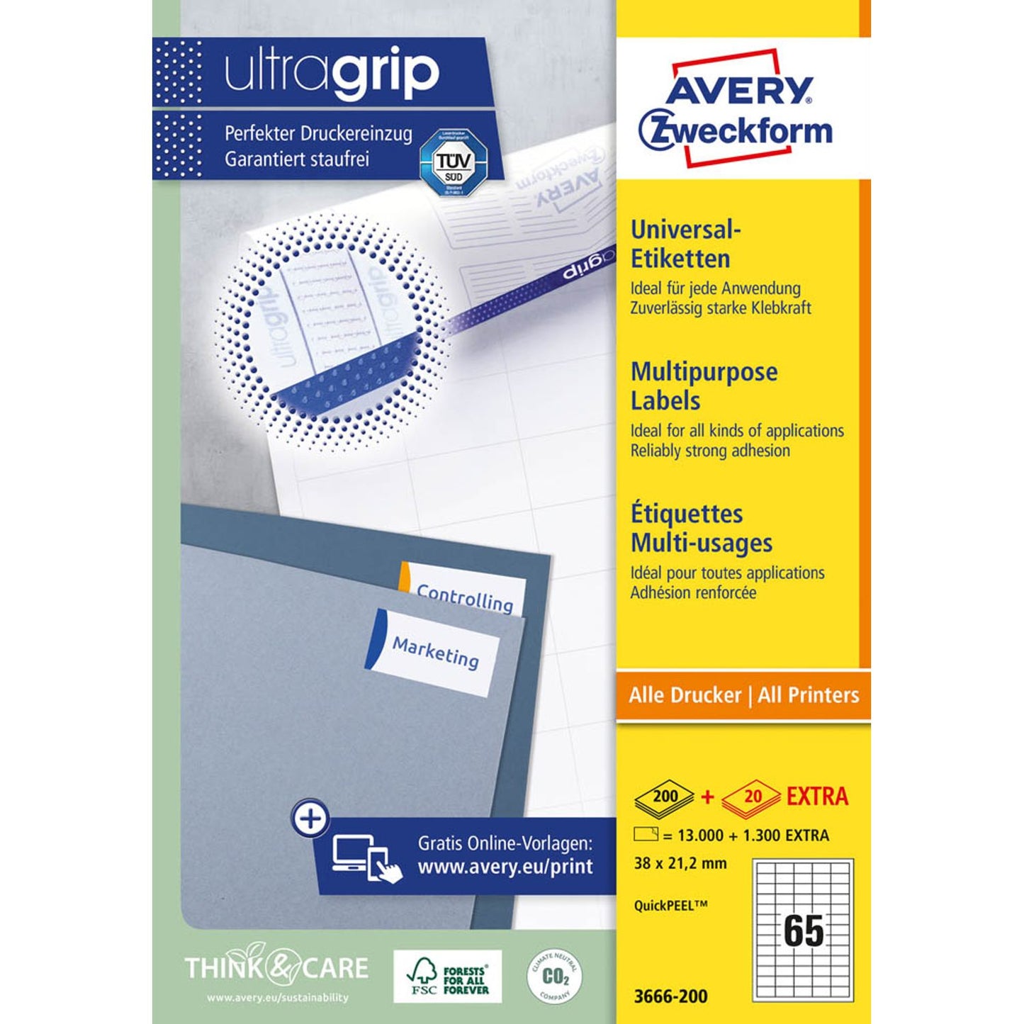 AVERY Zweckform Etiketten weiß 38,0 x 21,2 mm | 3666-200 | 1 Pack = 220 Blatt