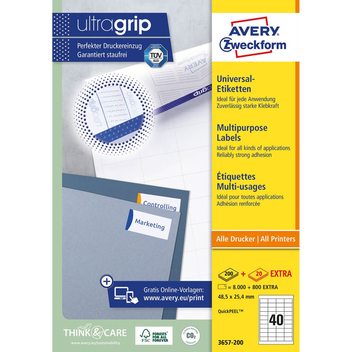 AVERY Zweckform Etiketten weiß 48,5 x 25,4 mm | 3657-200 | 1 Pack = 220 Blatt