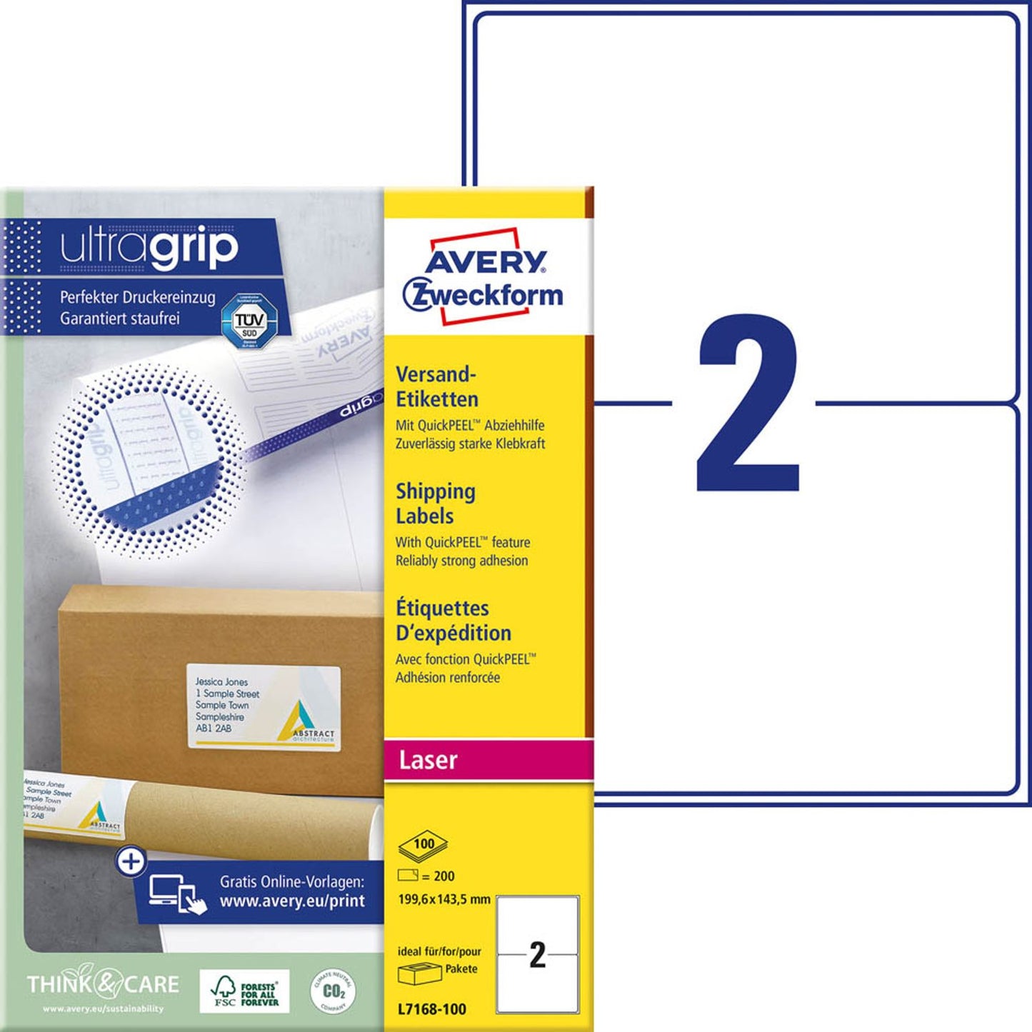 AVERY Zweckform Versandetiketten weiß 199,6 x 143,5 mm | L7168-100 | 1 Pack = 100 Blatt