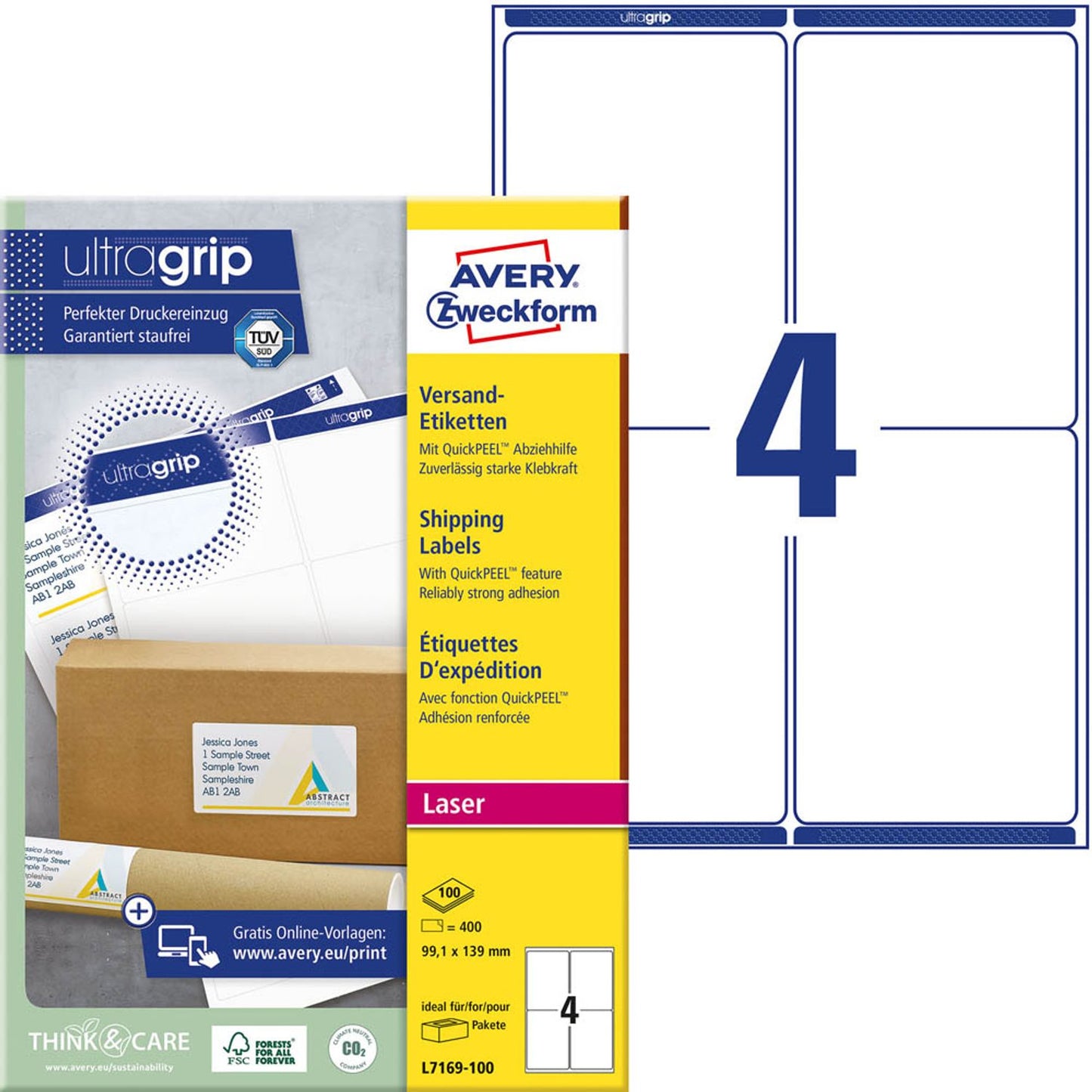 AVERY Zweckform Versandetiketten weiß 99,1 x 139,0 mm | L7169-100 | 1 Pack = 100 Blatt