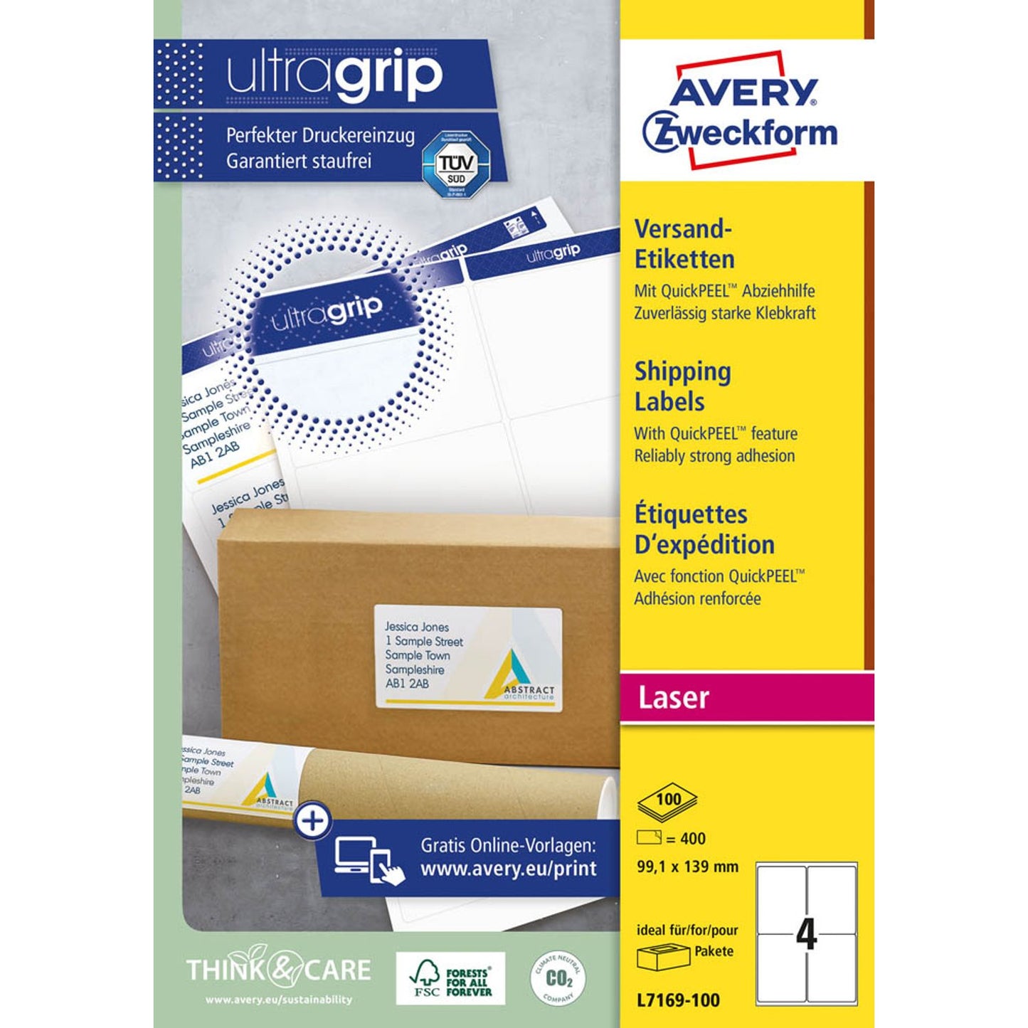 AVERY Zweckform Versandetiketten weiß 99,1 x 139,0 mm | L7169-100 | 1 Pack = 100 Blatt
