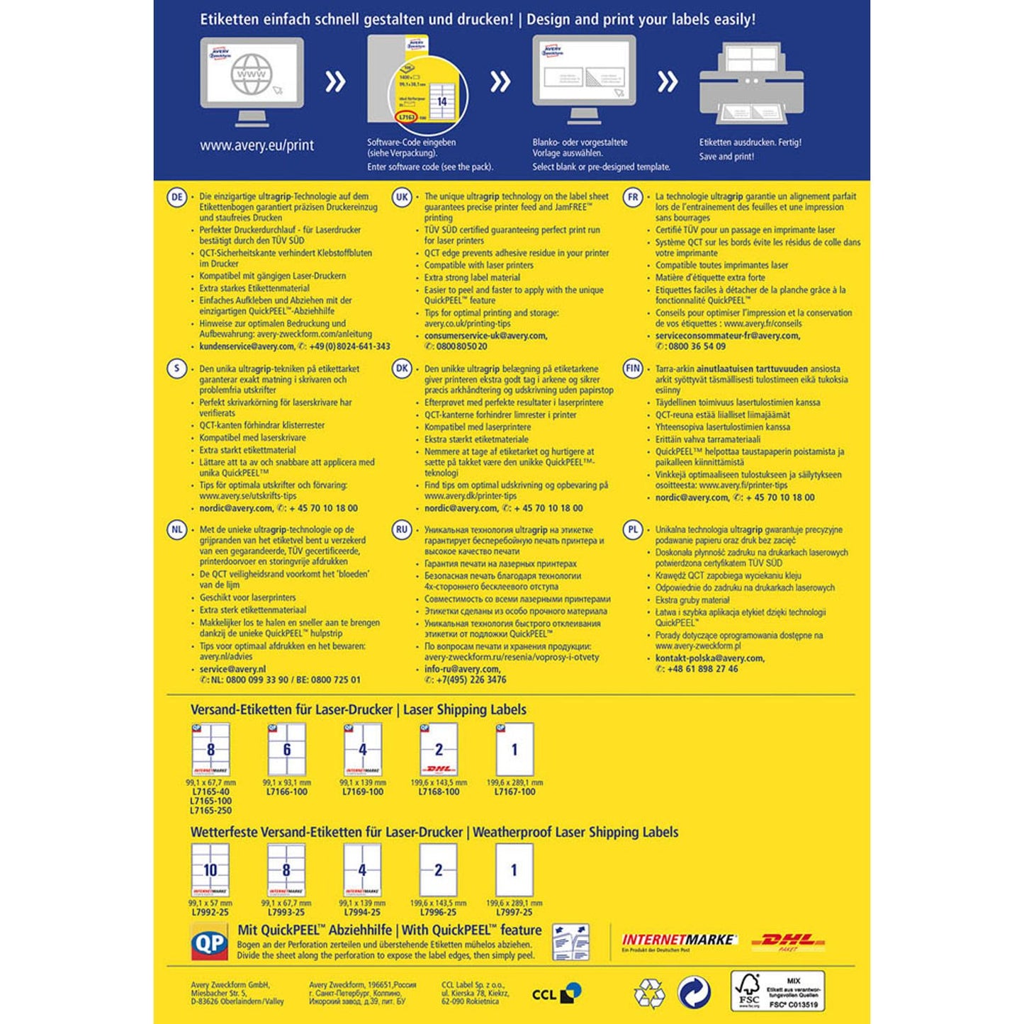 AVERY Zweckform Versandetiketten weiß 99,1 x 139,0 mm | L7169-100 | 1 Pack = 100 Blatt